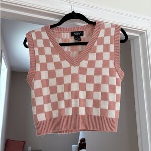 Pink and White Checkered V-Neck Sweater Vest